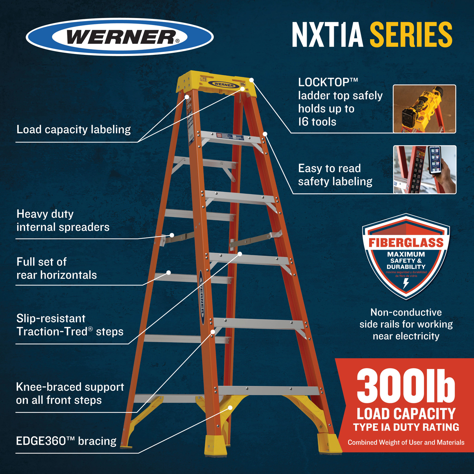 Werner NXT1A 6-ft ( 10-ft Reach Height ) Fiberglass Type 1A – 300 lbs. Lo|126761
