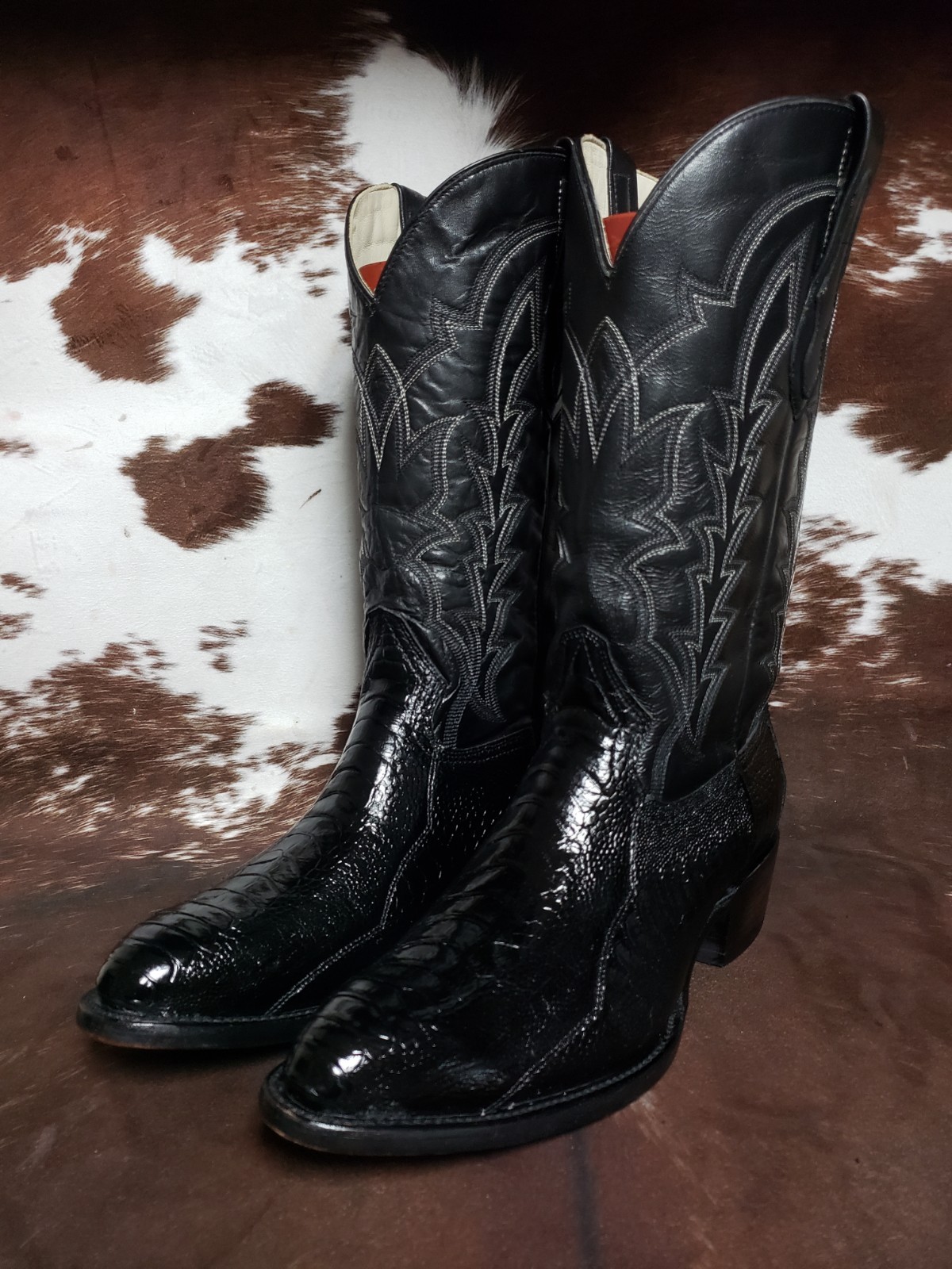 J Chisholm Vintage Genuine Ostrich Leg Black Western Cowboy Boots Mens 12 EE