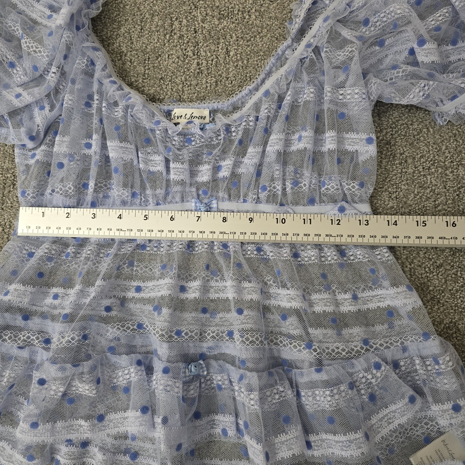 For Love & Lemons Blue Polka Dot Lace Ruffle Mini Dress Sheer Romantic M