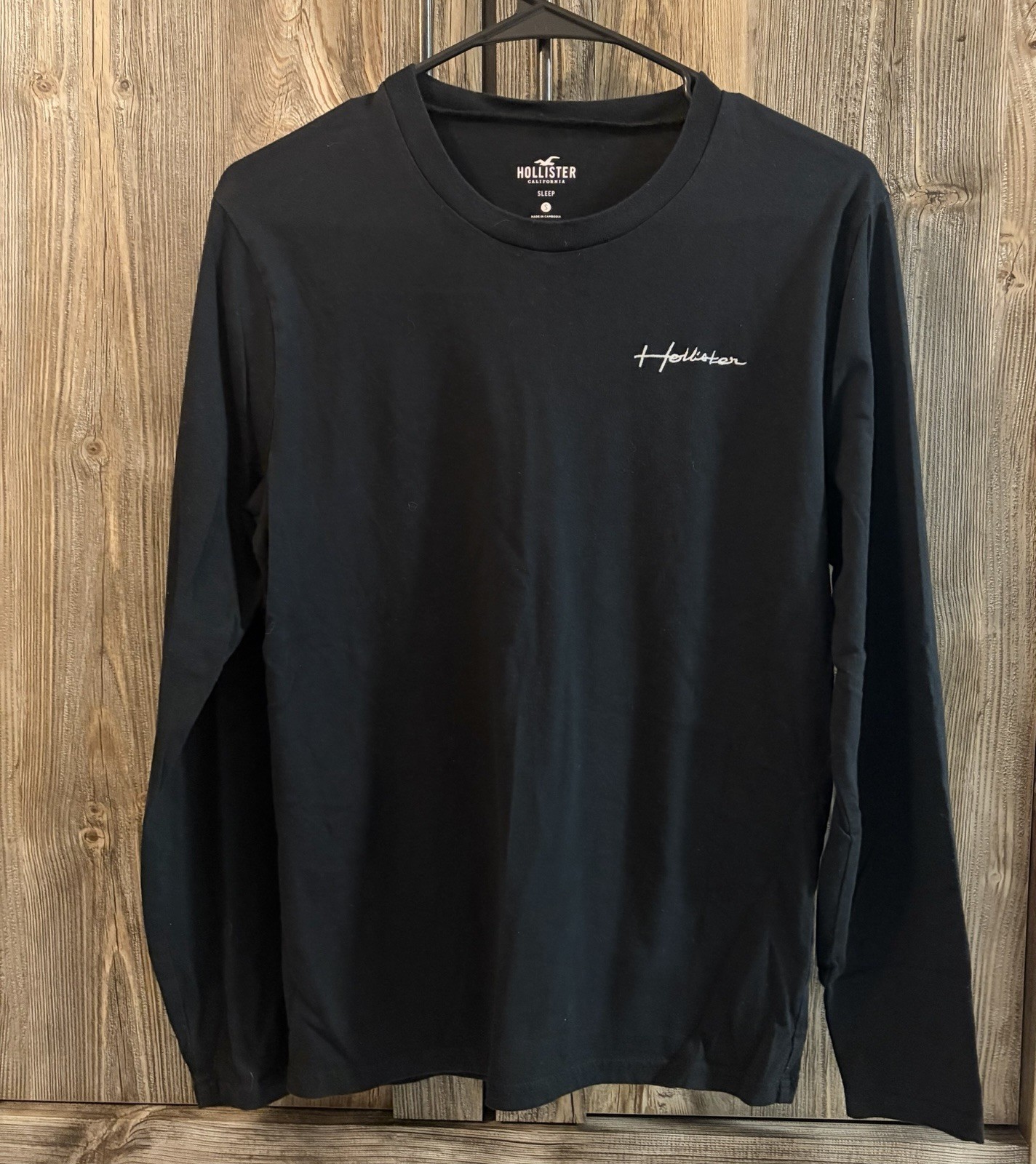 Hollister Men’s Black Long Sleeve Crew Neck Solid Logo T-Shirt Size S