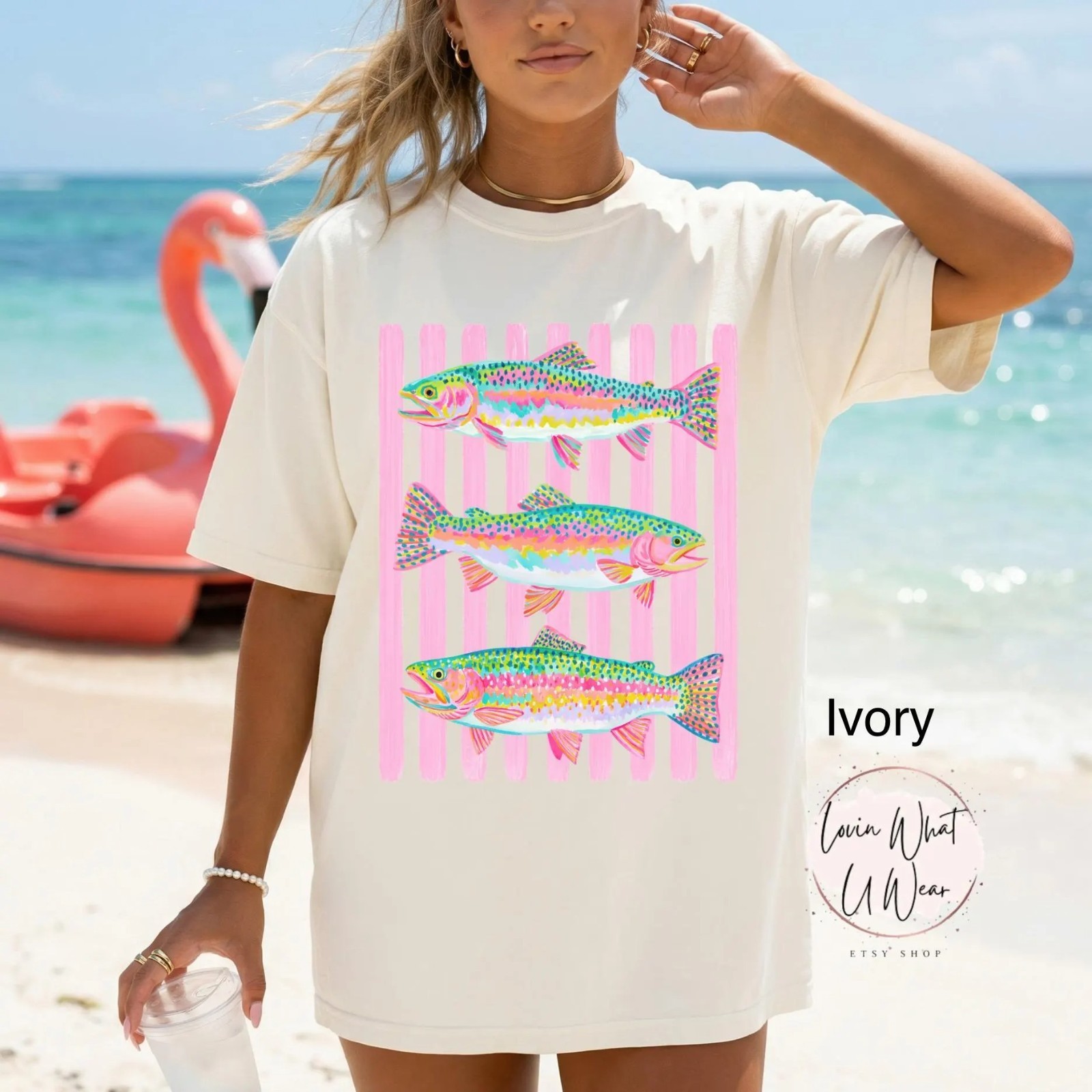 Comfort Colors Preppy Rainbow Trout Fishing Shirt Cute Summer Fish Tee