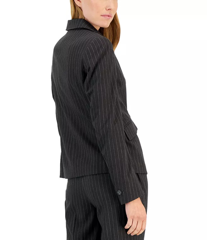 Anne Klein Womens Blazer Size 6 Jacket Button Pinstripe Black Wool Blend Petite