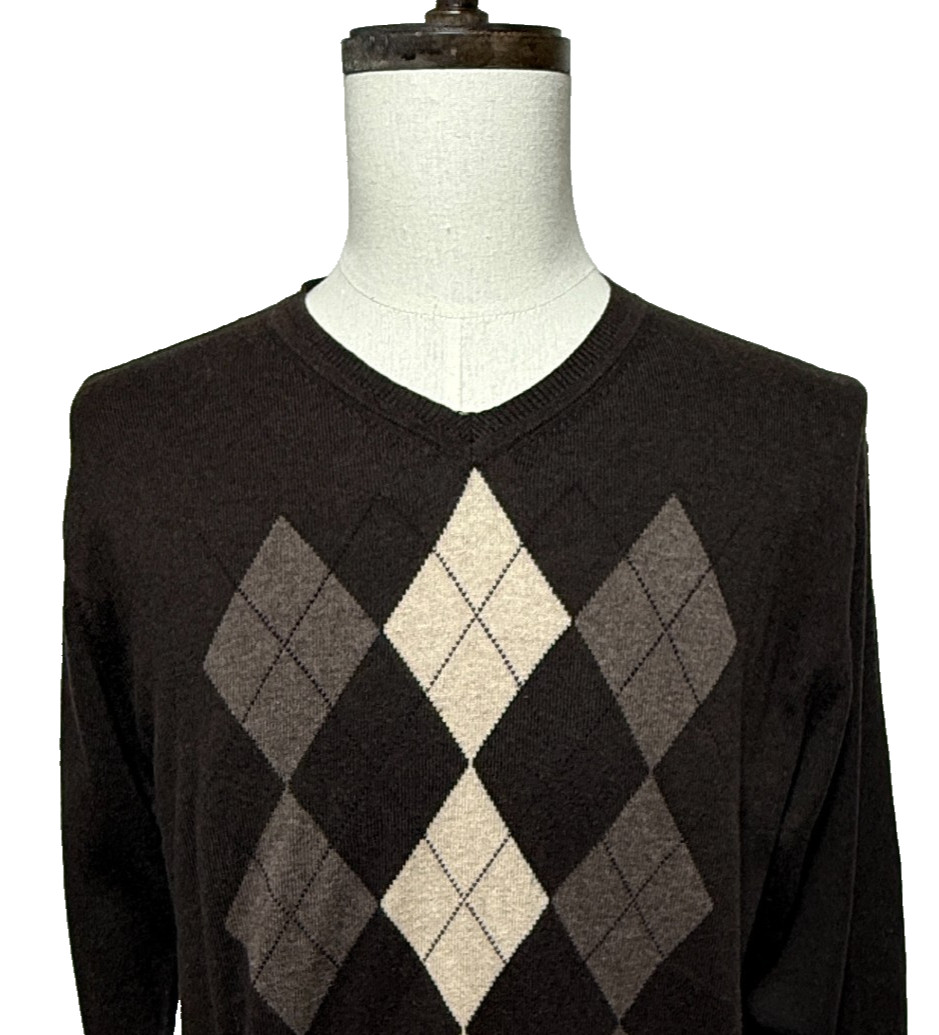 Sebastian Cooper Sweater Mens Cashmere Blend Large Brown Tan Argyle Preppy