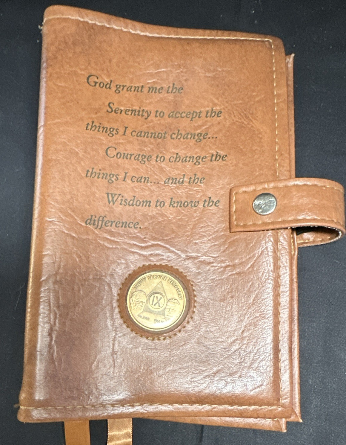Brown Big Book/12 & 12 Holder Button Strap, Serenity Prayer, medallion holder