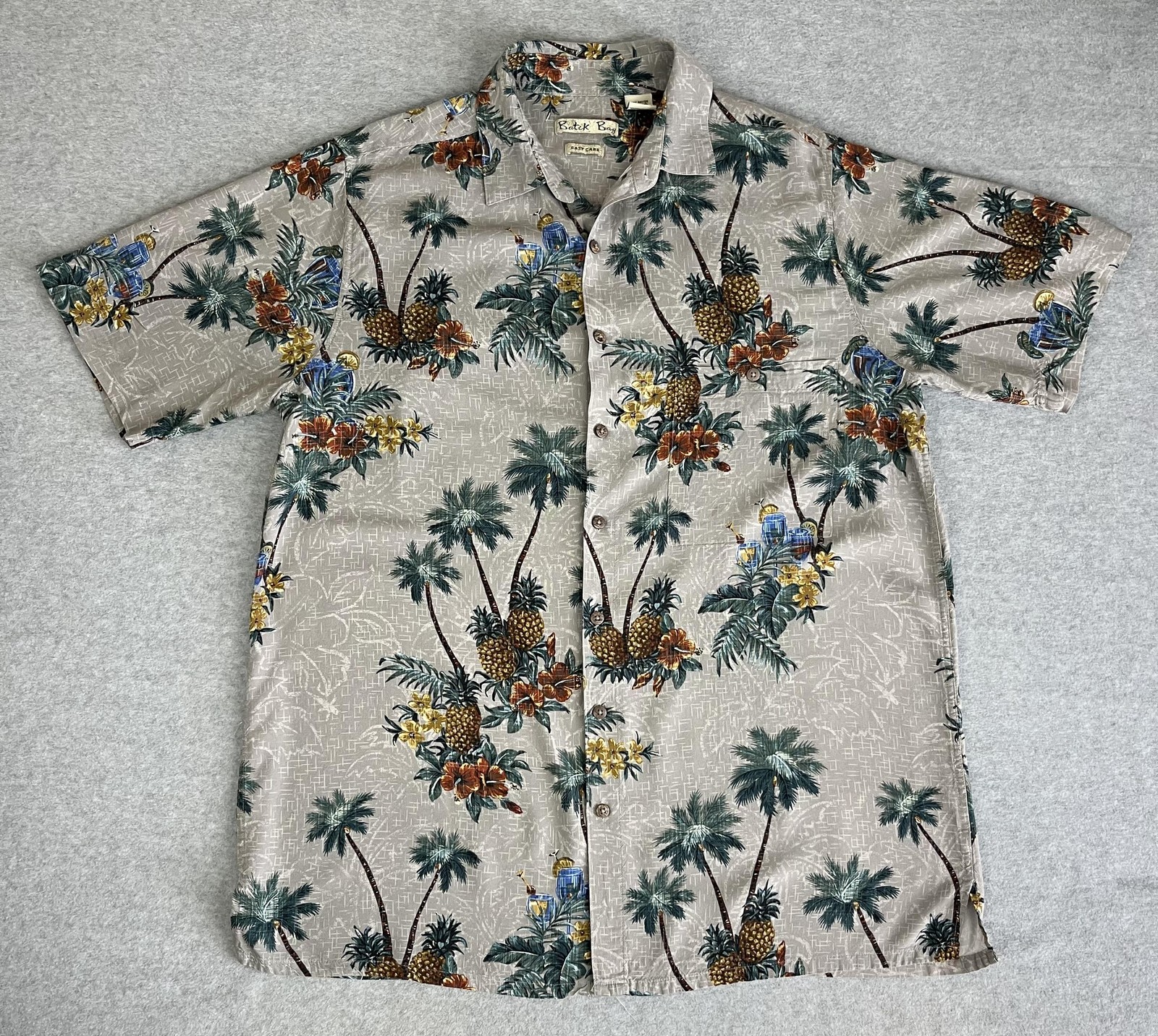 Batik Bay Shirt Mens Large Tall Tan Hawaiian Aloha Rayon Short Sleeve Tropical
