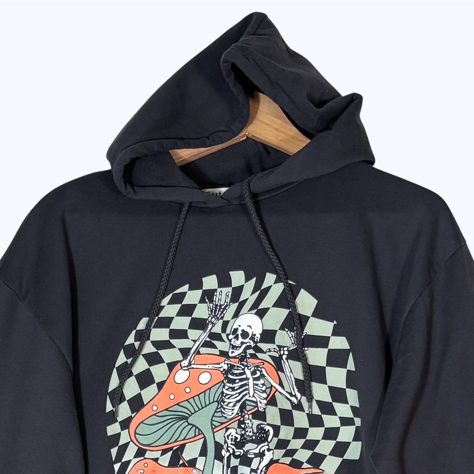 Mushroom & Skeleton Graphic Hoodie Sz M Cut & Paste Psychedelic Checkerboard