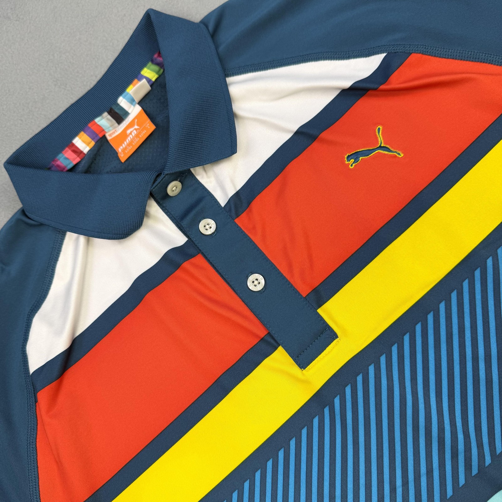 Puma Polo Shirt Mens Medium Blue Multicolor Stripe Golf USP DRY Stretch Top