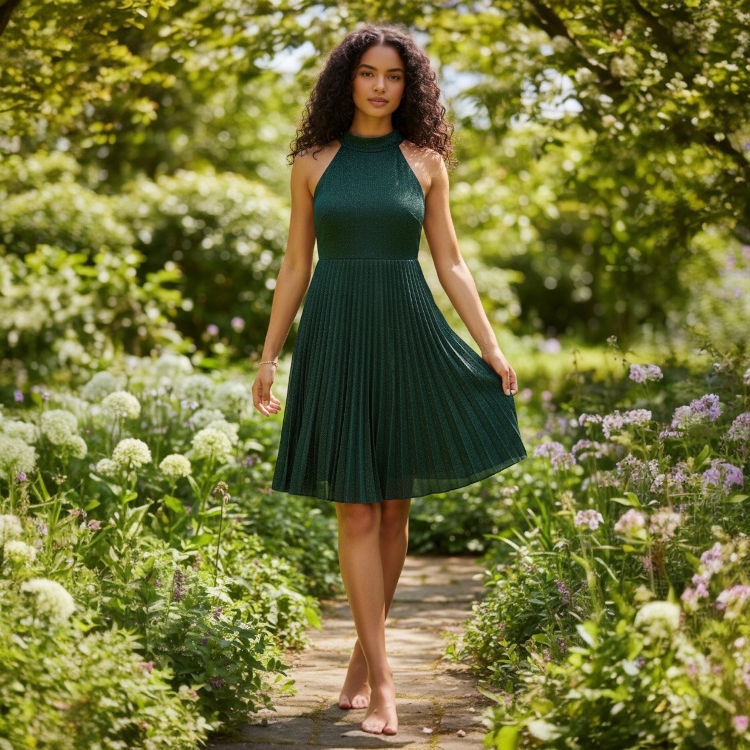 Closet London Green Pleated Midi Dress Shimmer High Neck Tie Back JD8980 US 10