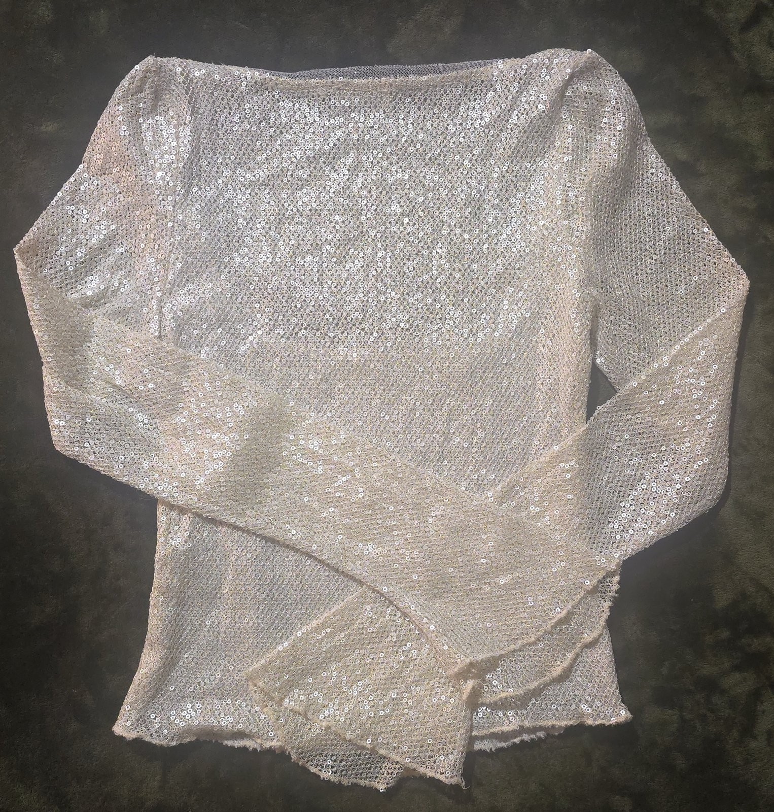 Free People Intimately Sheer Sequin Mesh Top Ivory Long Sleeve Sparkly Going-Out