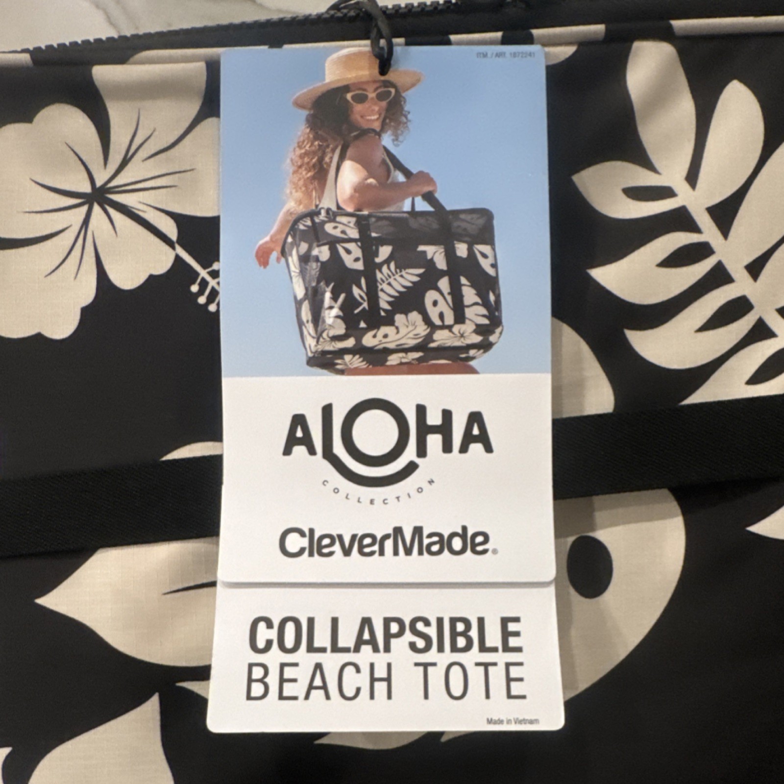 Aloha CleverMade Collapsible Beach Tote Black Beige Floral Zip Women