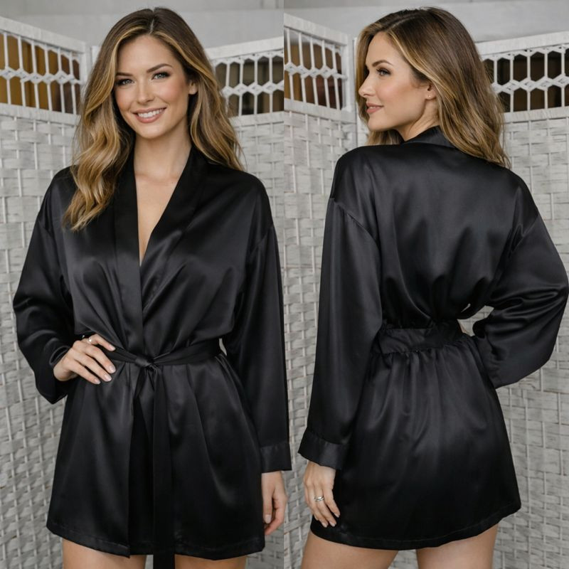 Victoria’s Secret Y2K Black Satin Kimono Robe One Size Pockets Pink Label Goth