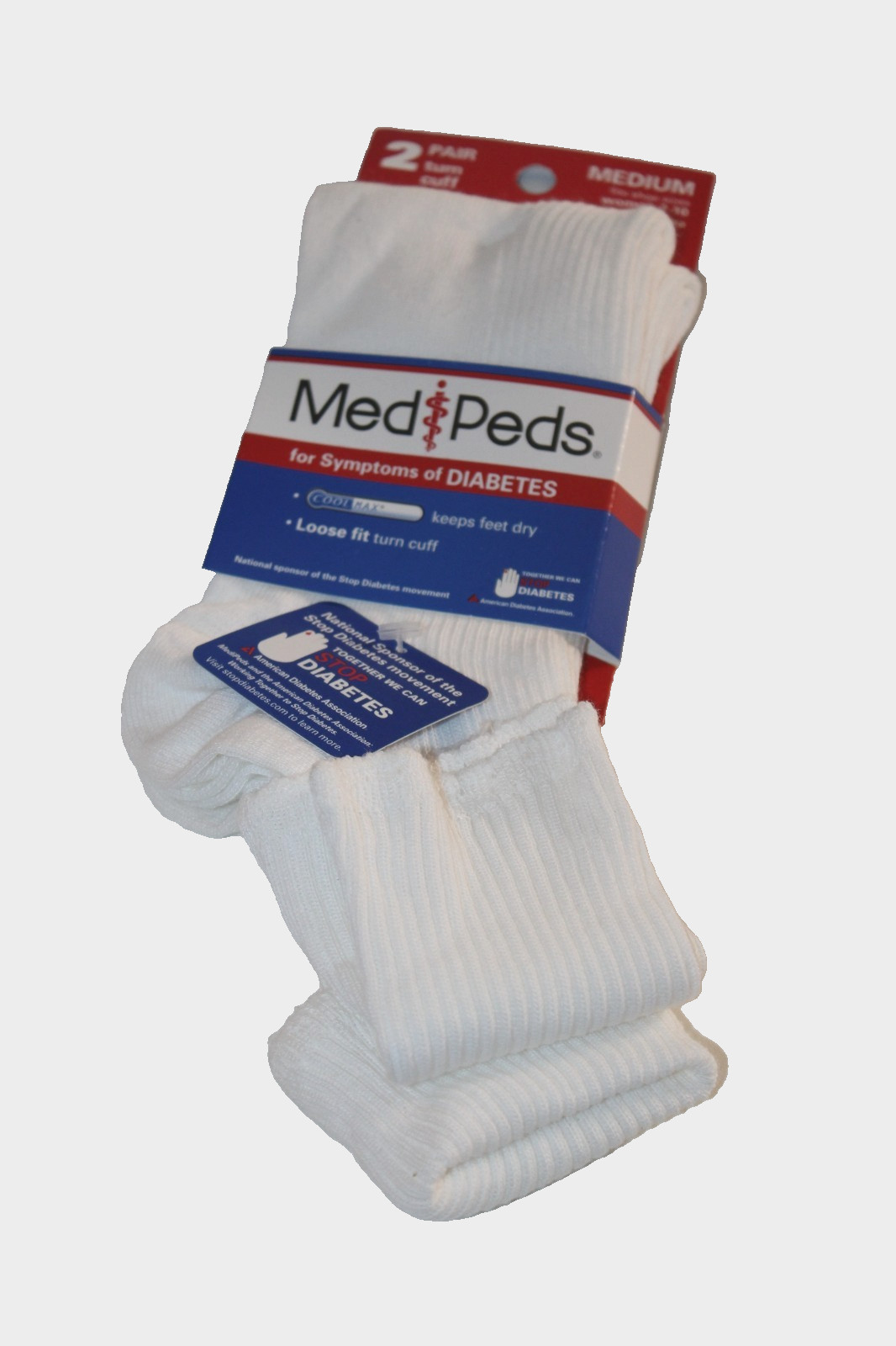 MediPeds Women’s 2-Pair White Ribbed Turn Cuff Socks Shoe Sz 7-10 (Med) #8566