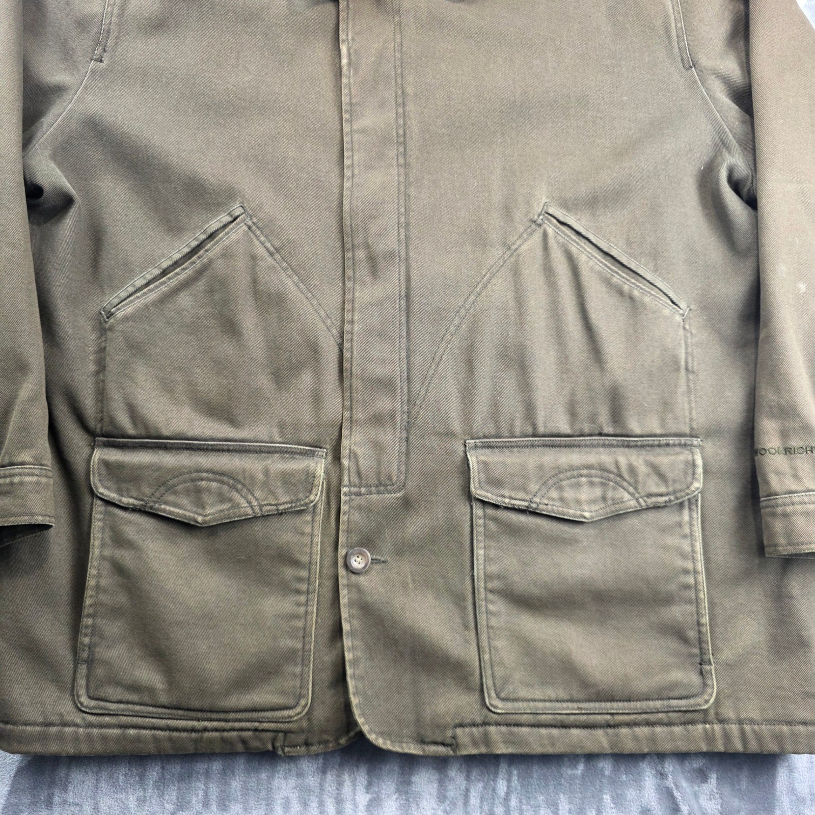 Woolrich Field Jacket Mens 2XL Olive Canvas Barn Chore Fleece Lined Leather Trim