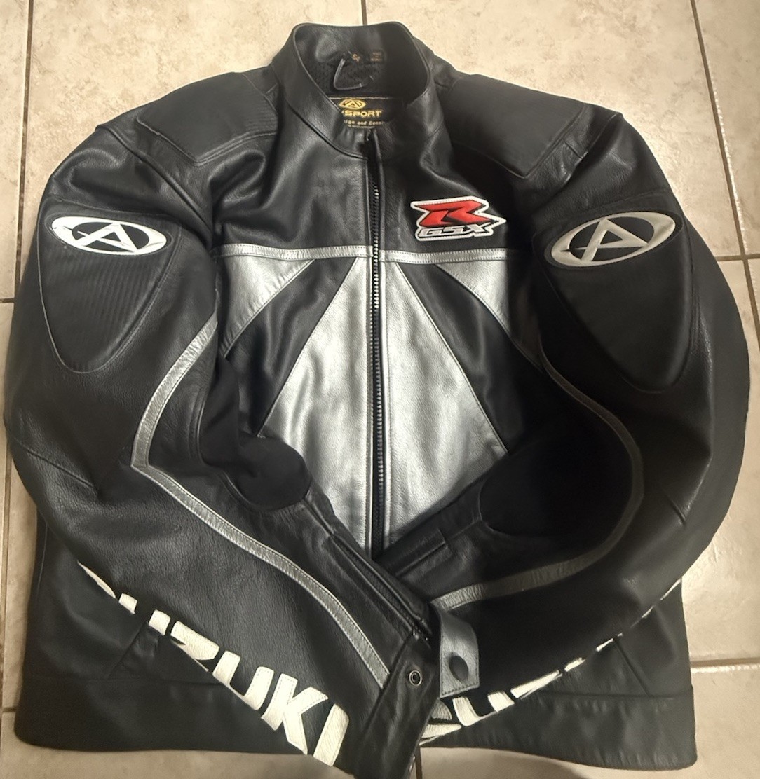 VTG AGV Sport Suzuki GSX-R Leather Motorcycle Jacket Black Sz 54 And Gloves