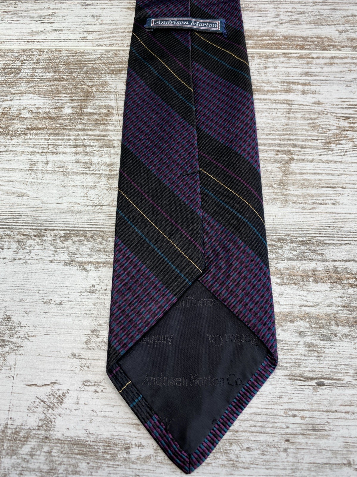 Robert Talbott Tie Andrisen Morton Black Purple Teal Stripe Silk Necktie 58×3.25