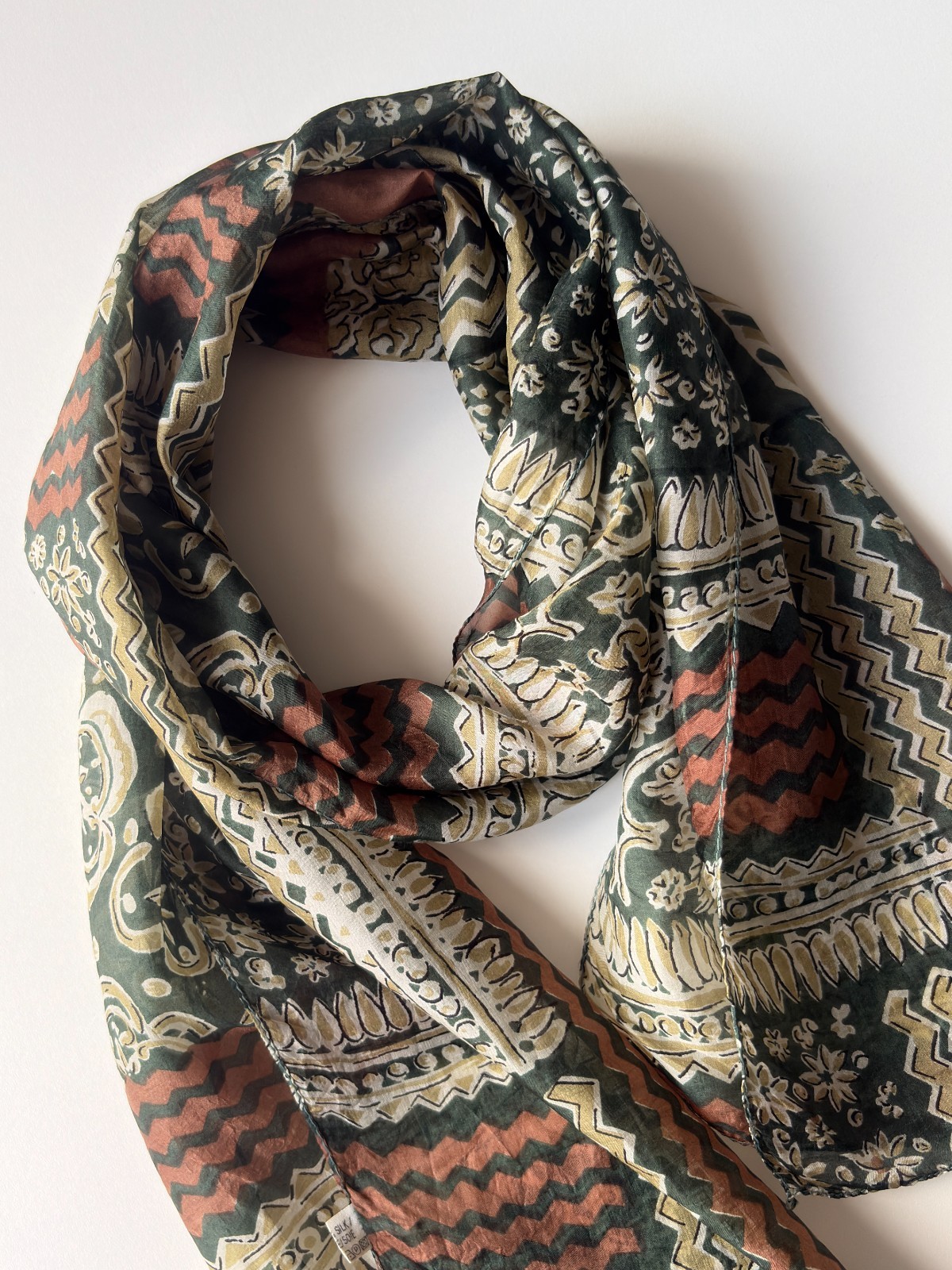 Vintage Silk Scarf Green Abstract Boho Ethnic Floral Designer Luxury Wrap, 34