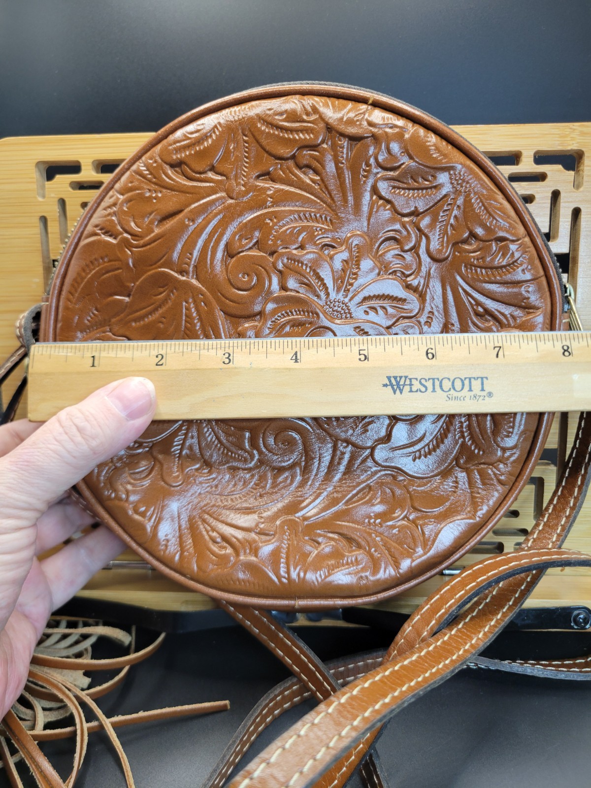 Patricia Nash Tooled Scafati Small Round Leather Crossbody Bag Purse