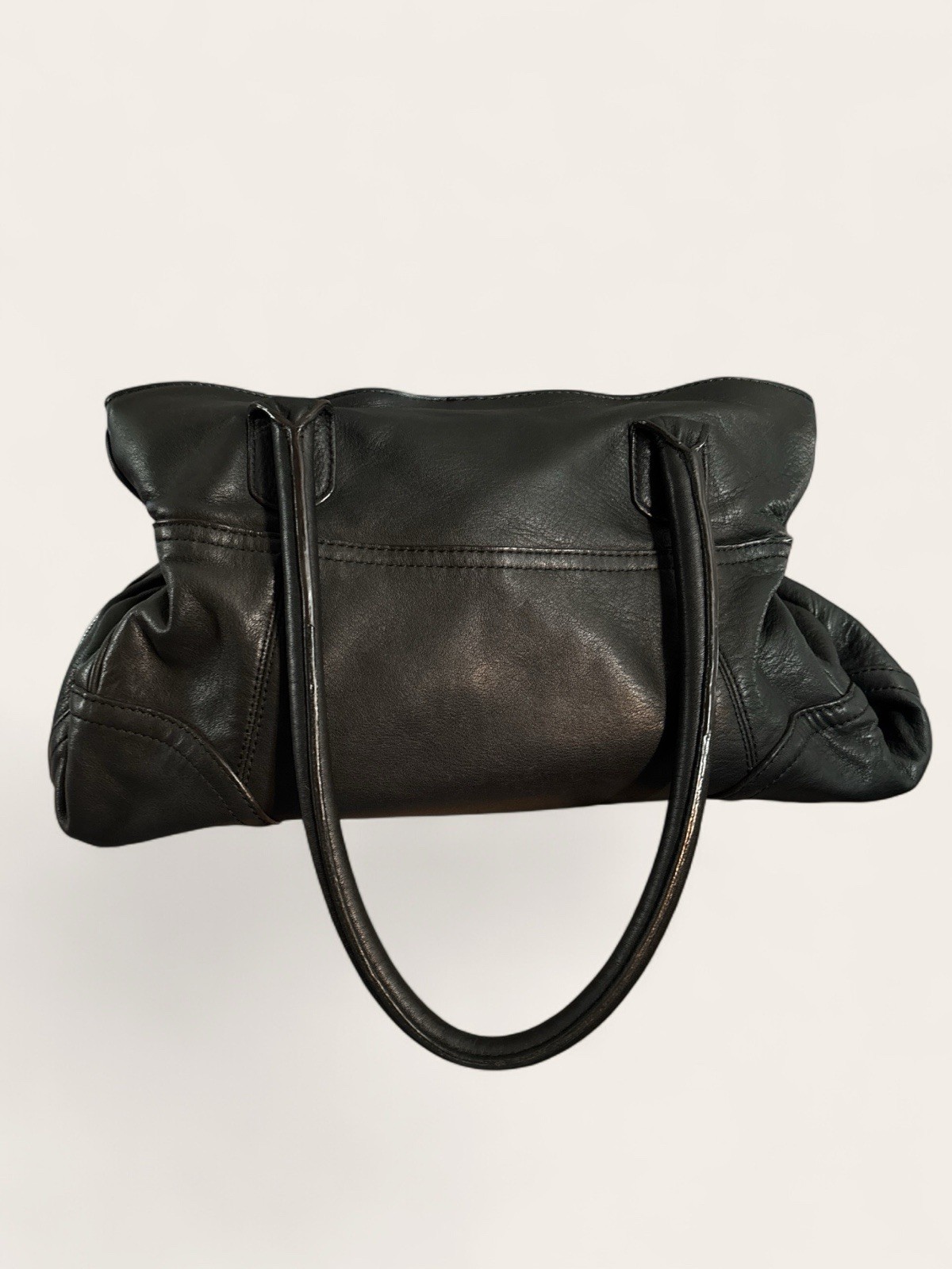 B. Makowsky Slouchy Pebbled Black Leather Satchel Bag W/Burgundy Lining