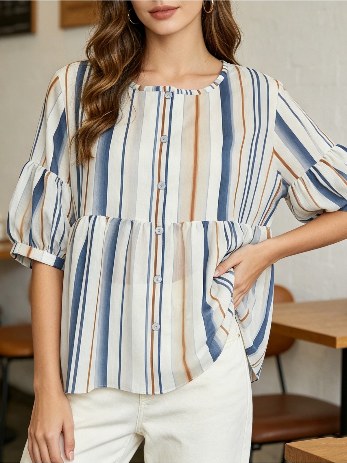 Short Puff Sleeve Crew Neck Button Shirt Light Breathable Cozy Daily Wear Blouse