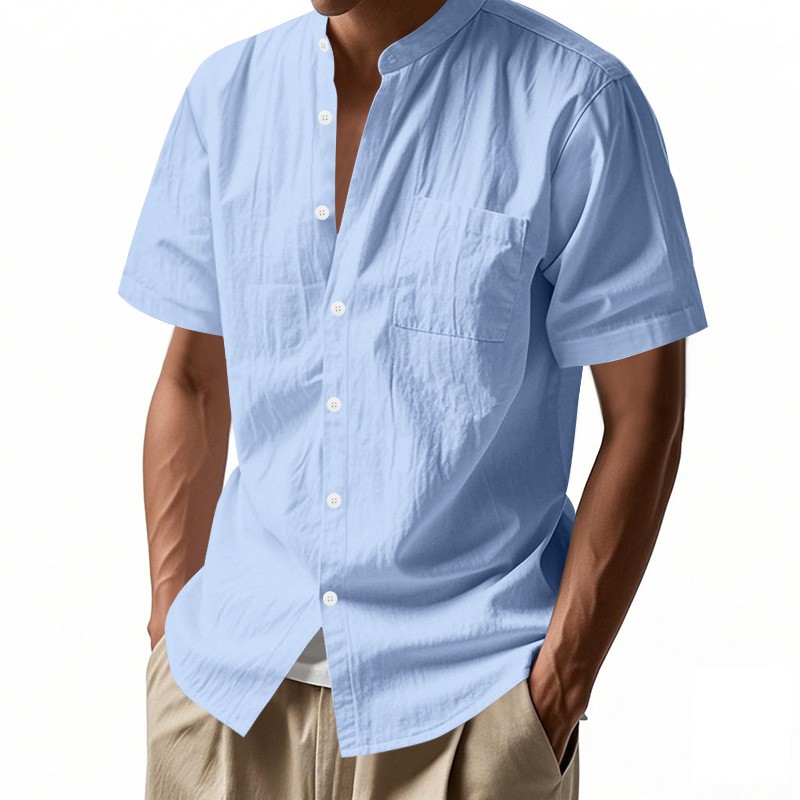 Summer Solid Stand Collar Pocket Loose Casual Shirt Tee