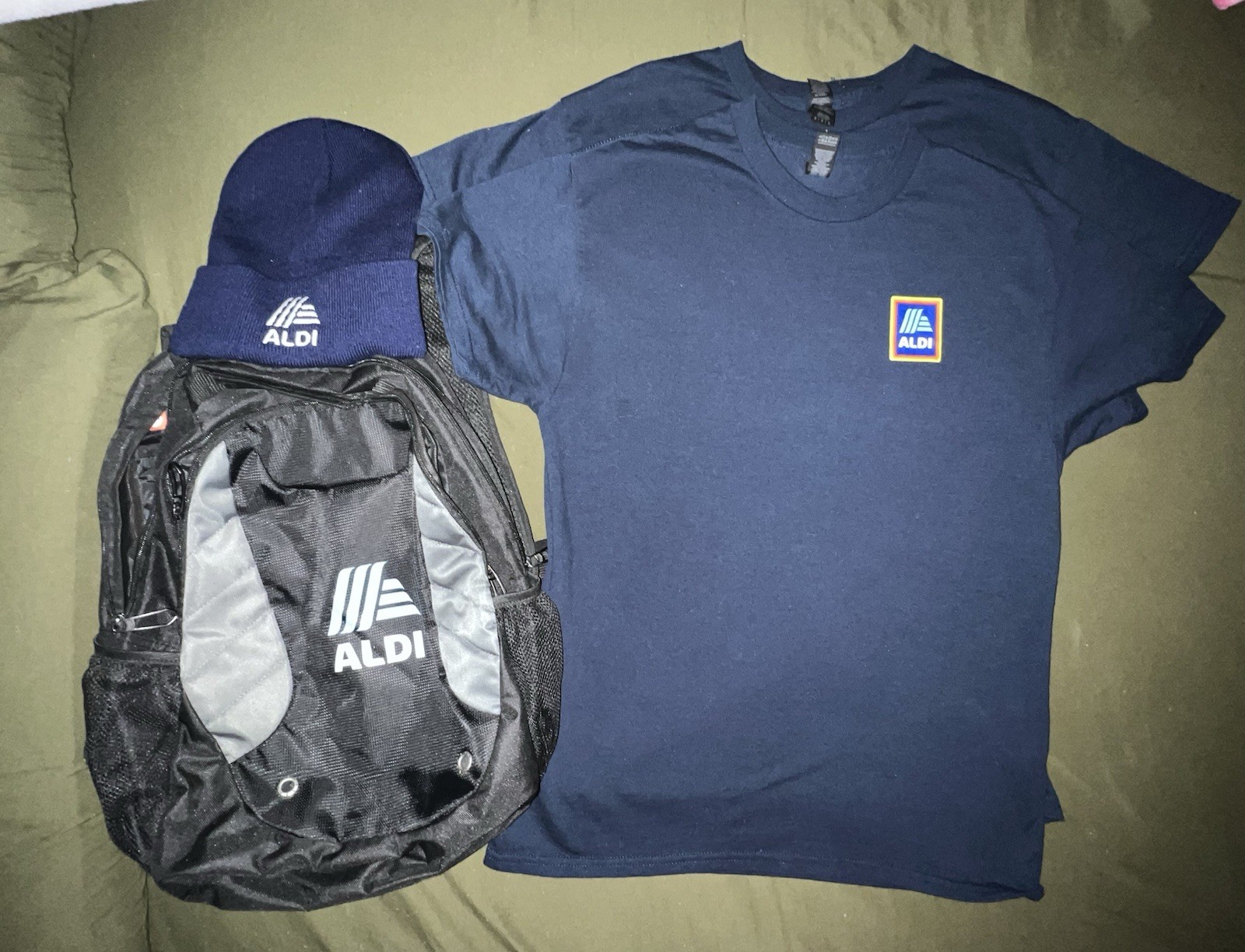 Aldi Gear Lot Backpack Hat and 3 Shirts