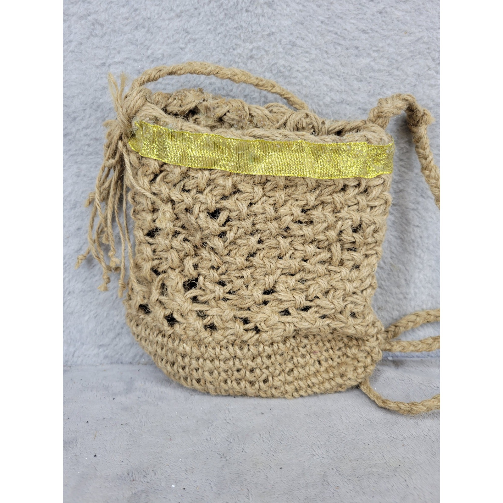 Handmade Jute Macrame Drawstring Pouch Bag Gold Accent Small Boho