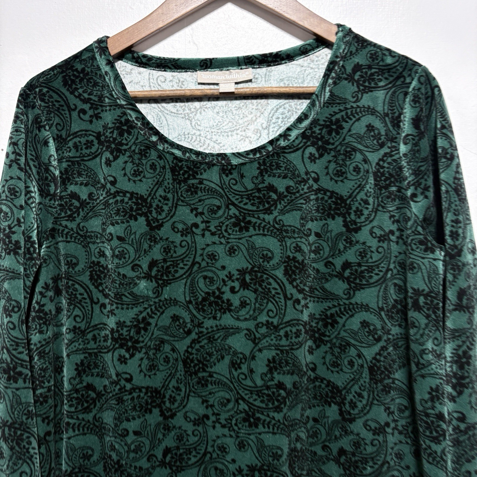 Woman Within Tunic Womens 14 16 Green Damask Velour 3/4 Sleeve Pullover Holiday