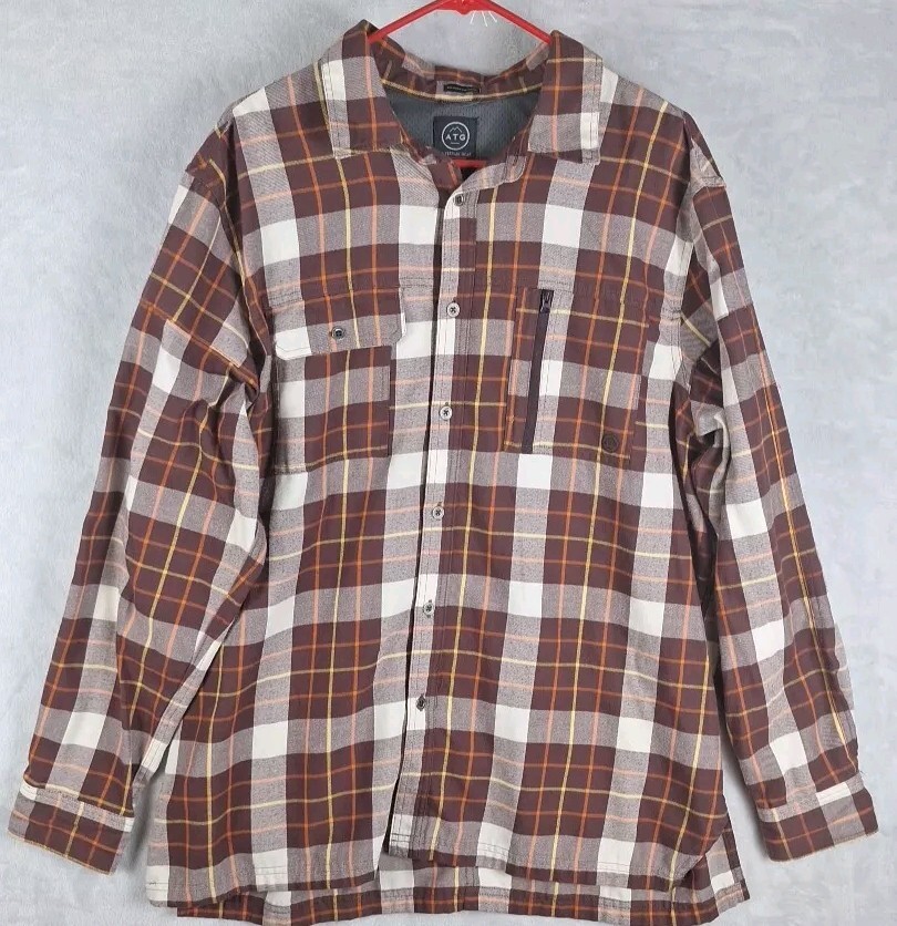 Wrangler ATG Mens Shirt XL Brown White Plaid Flannel Elbow Pads Fish Gorpcore