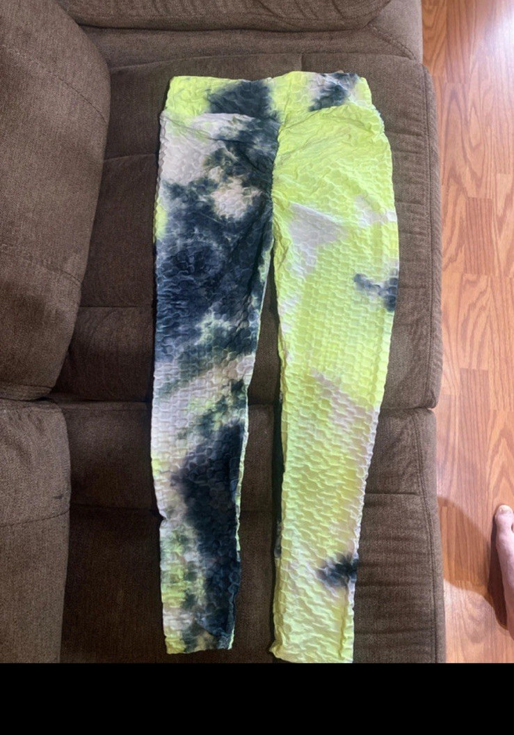 Women’s Tie-Dye Textured Ankle Leggings Size S Neon Green Black White