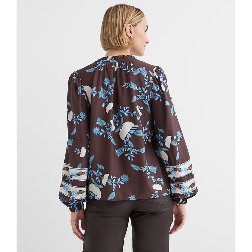 Loft Petites Oversized Easy Fit Floral Top Brown Blue Ruffle Neck XXSP