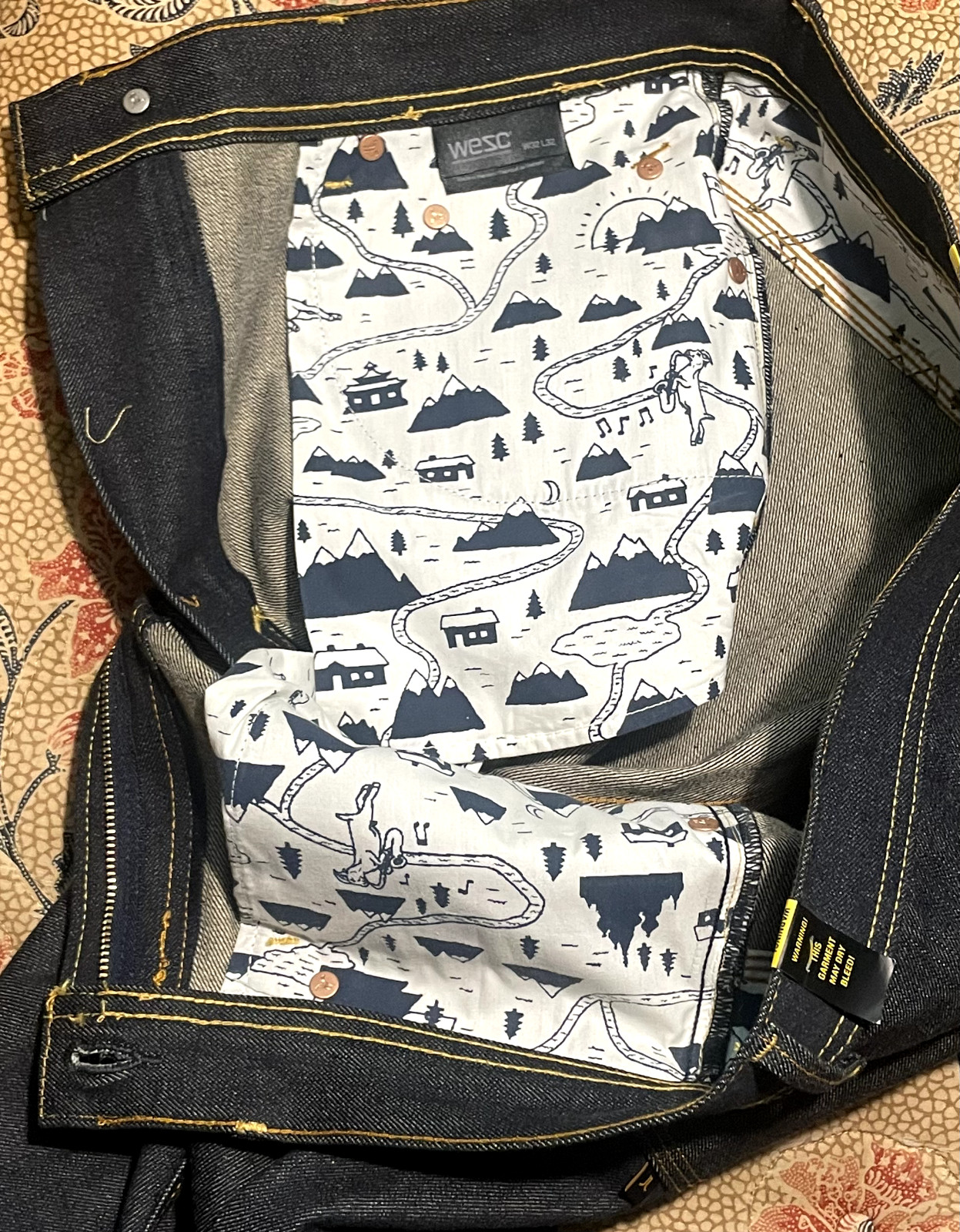 WeSC Esmund Japanese Selvedge Raw Denim 32/32 Mountain Print on inside RARE