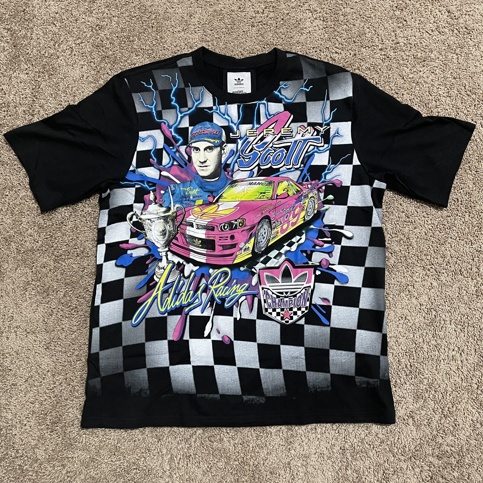 NEW Adidas Jeremy Scott JS Rally Shirt Mens Medium Black Racing Graphic Tee