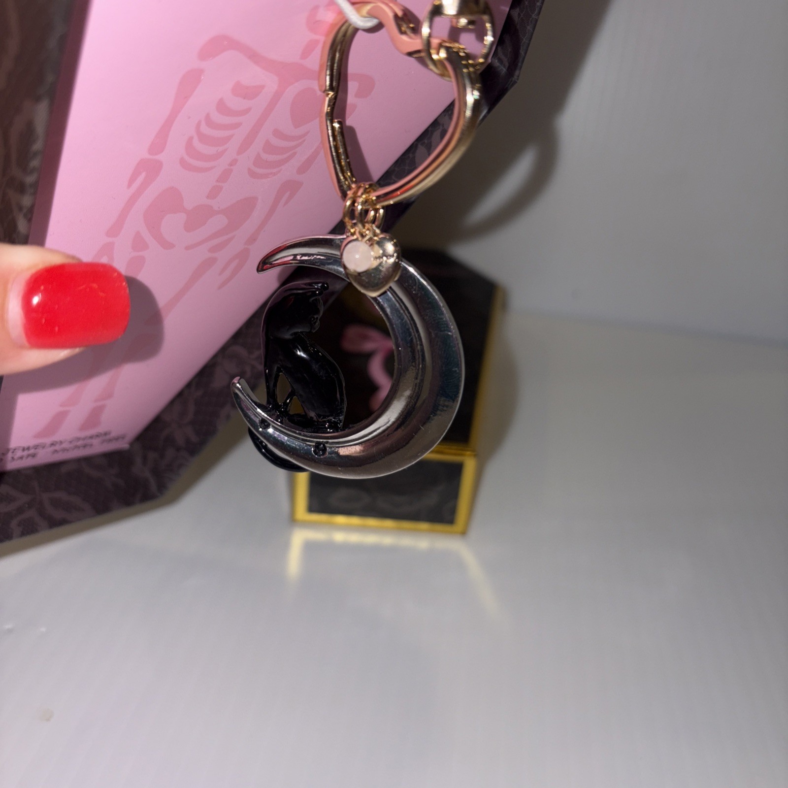 $58 Betsey Johnson Halloween Moon & Black Cat Jewelry Charm Keychain NEW in Box