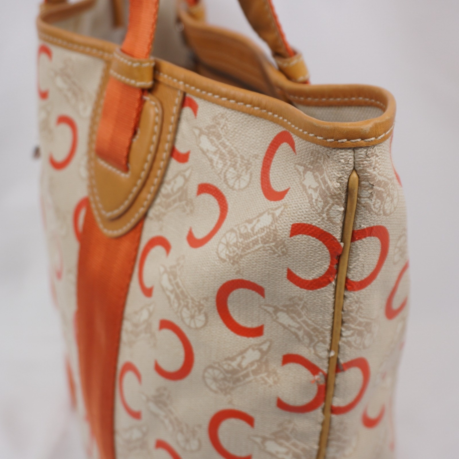 CELINE C Sulky Carriage Horse Tote Bag Coated Canvas Leather Orange Auth
