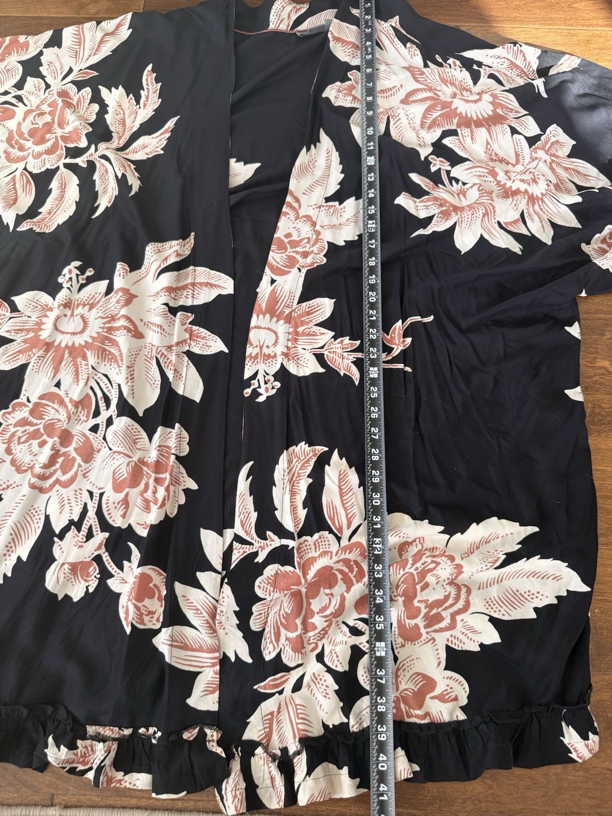 By Anthropologie Long Sleeve Duster Kimono Black+Pink Tropical Flower SZ 2X READ