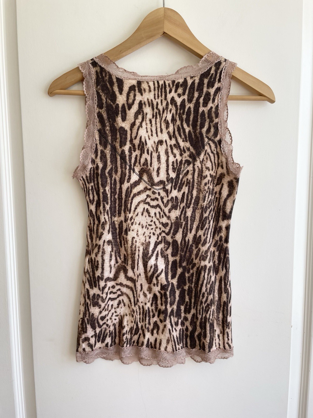 Marc Cain Object Of Love Cheetah Print Tank Top Lace Trim Small 90s Y2K