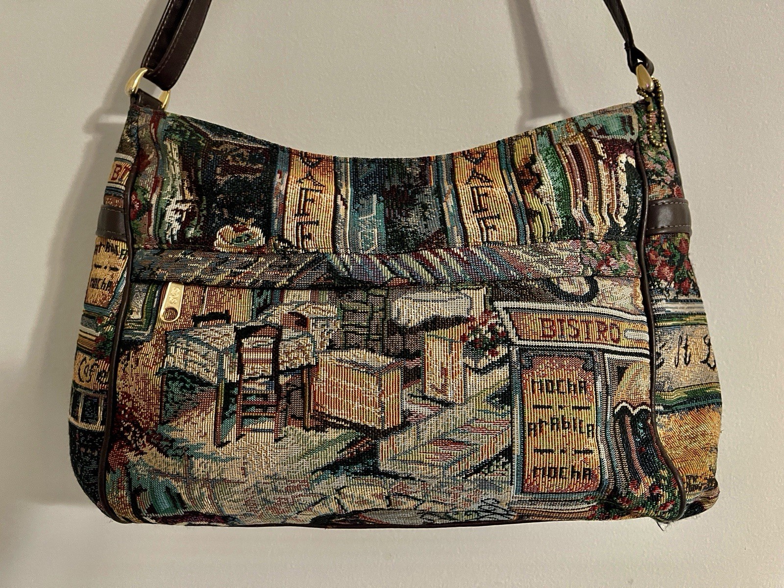Vintage Sas Needlepoint Tapestry Shoulder Bag Purse Cafe Scene Boho Western