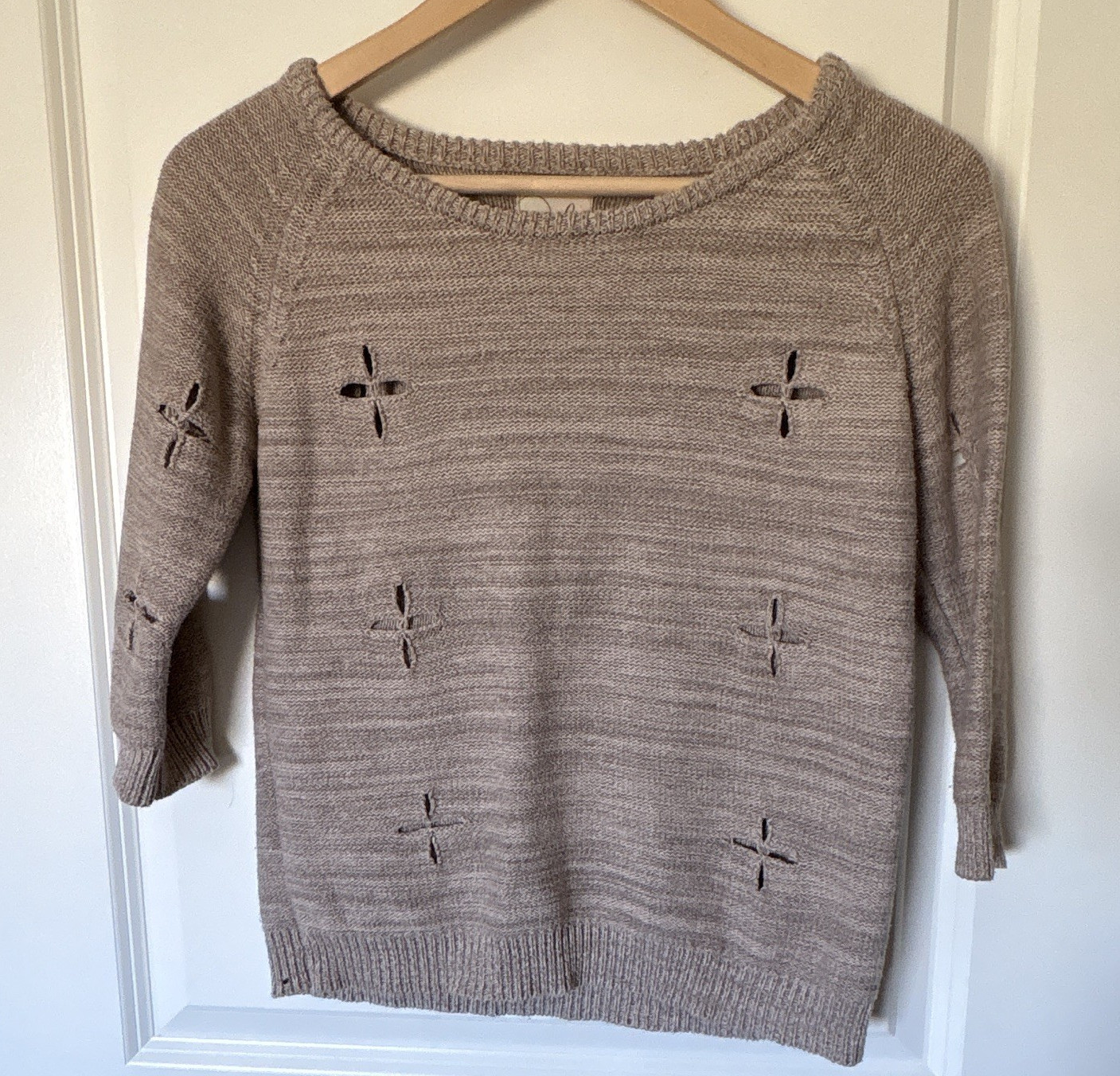 Peek Juniors 2XL (12) Beige 100% Cotton Knit Pullover Sweater Scoop Neck Cut-Out
