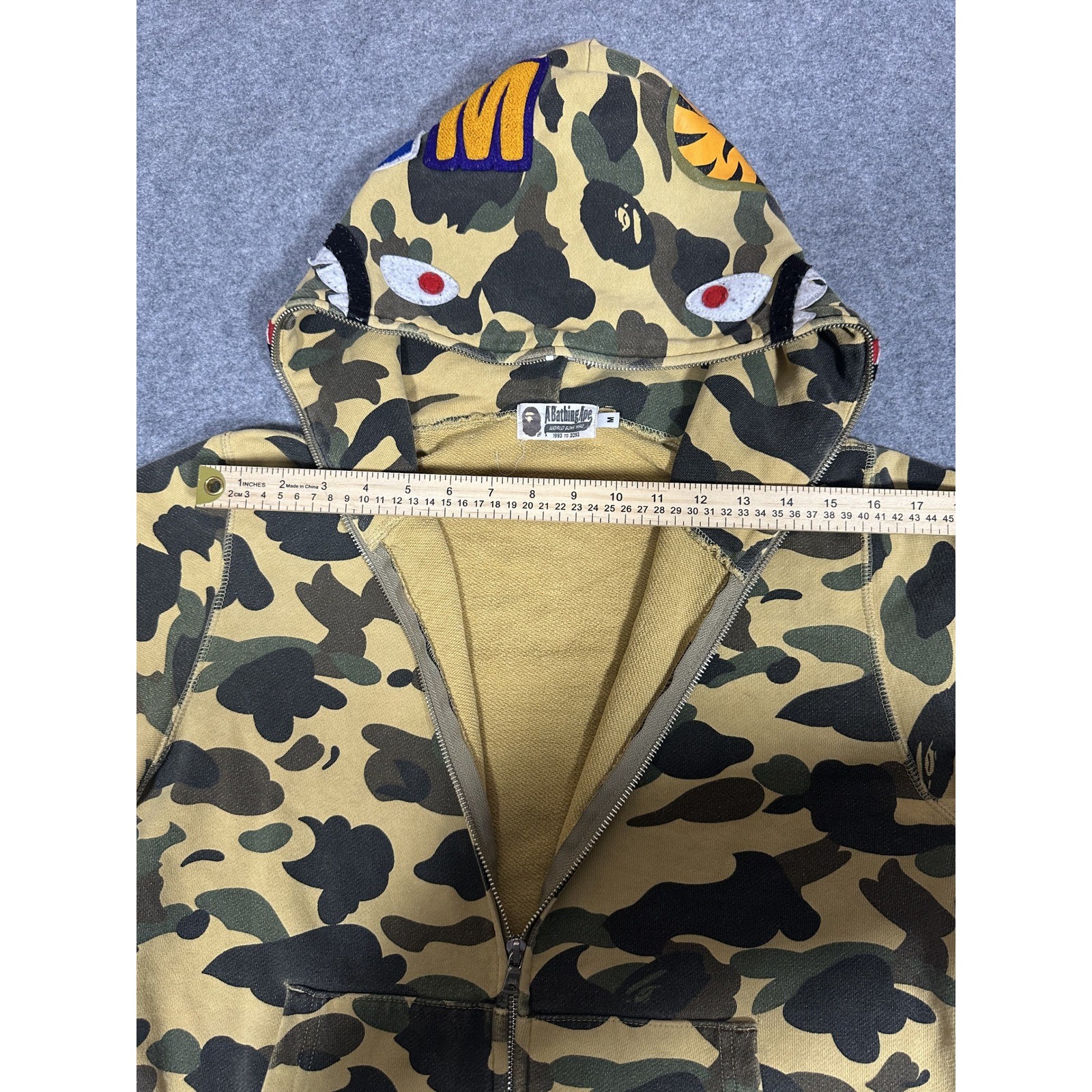 A Bathing Ape Shark Full-Zip Hoodie Medium Yellow Camo Cotton Frayed Hem