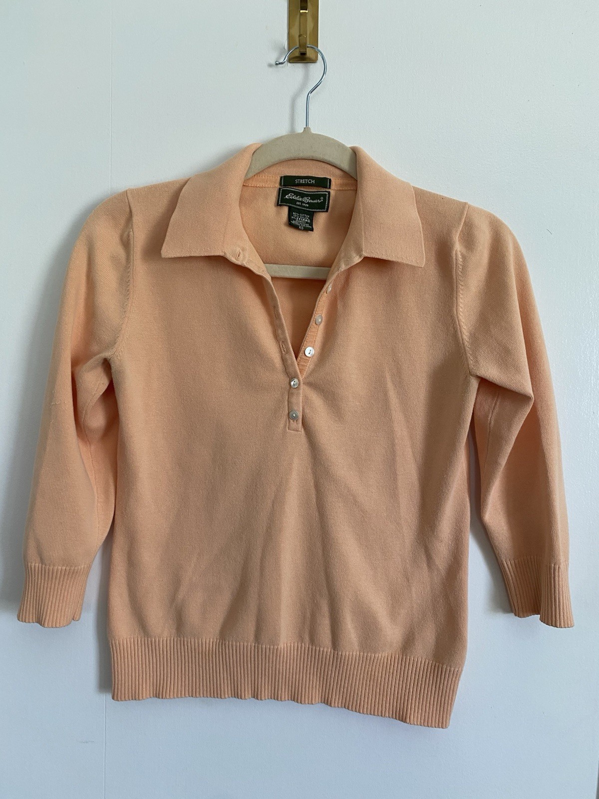 Eddie Bauer Women’s XS Stretch Knit Polo Sweater Peach Cotton Blend 3/4 Sleeve