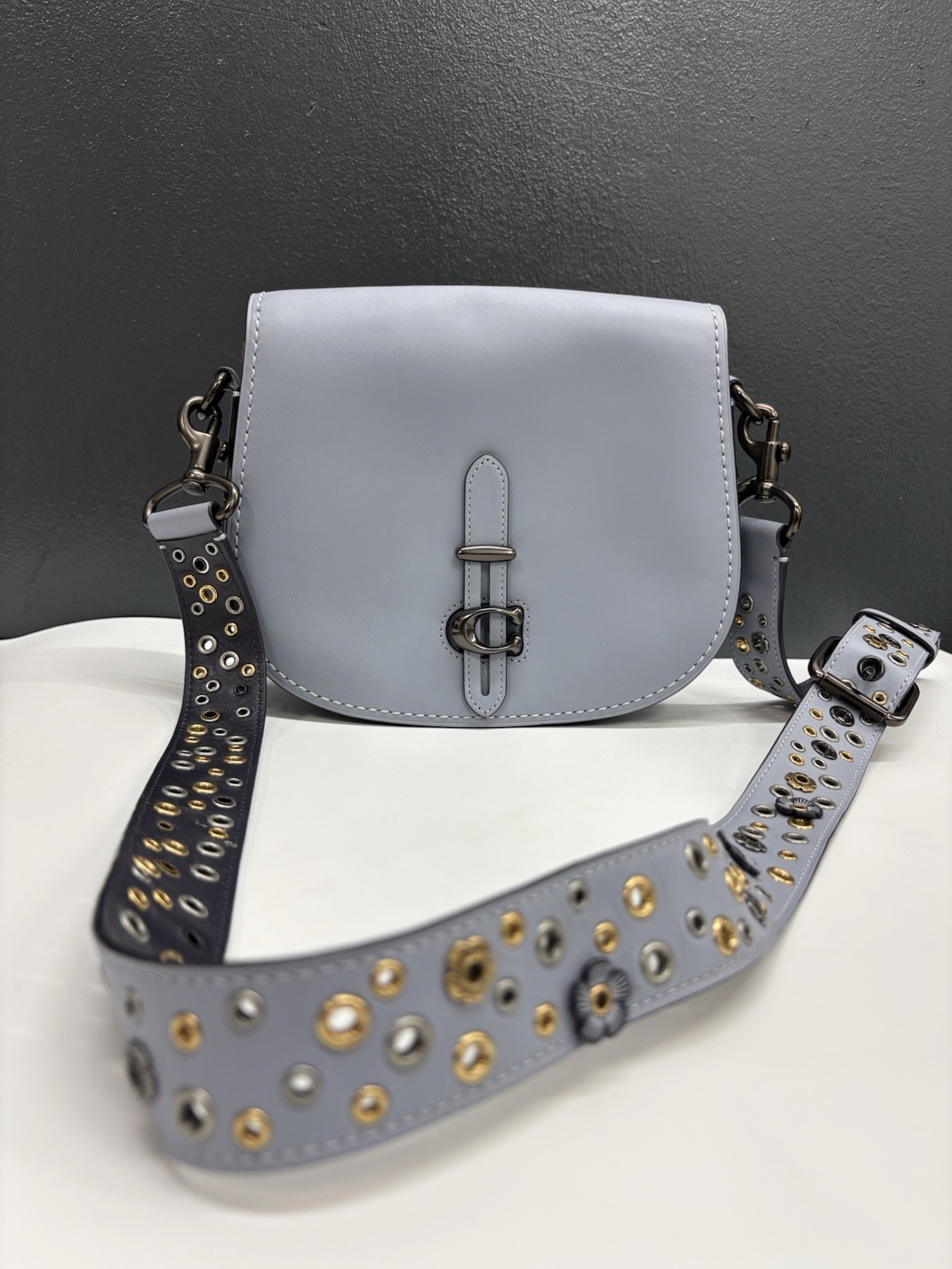 Coach 1941 Scattered Rivet Saddle Bag Leather Crossbody Mist Blue 69480 W/Dust