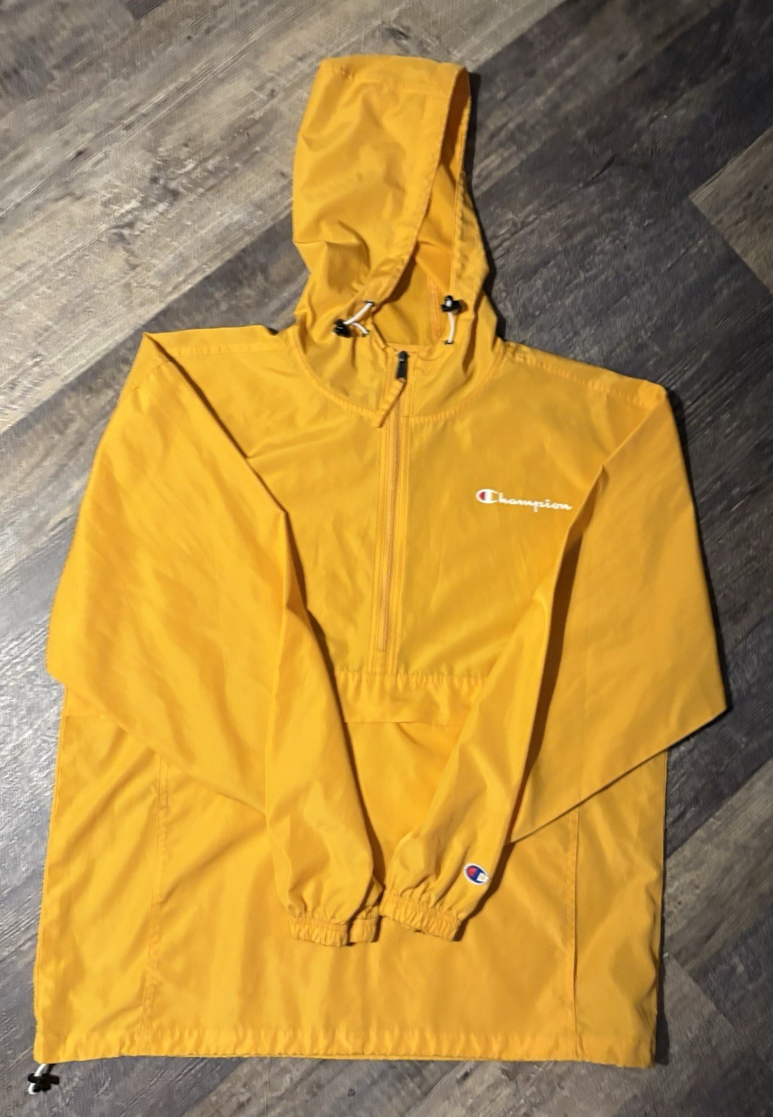 Champion Men’s Yellow Hooded 1/4 Zip Anorak Jacket Mid-Length Size L