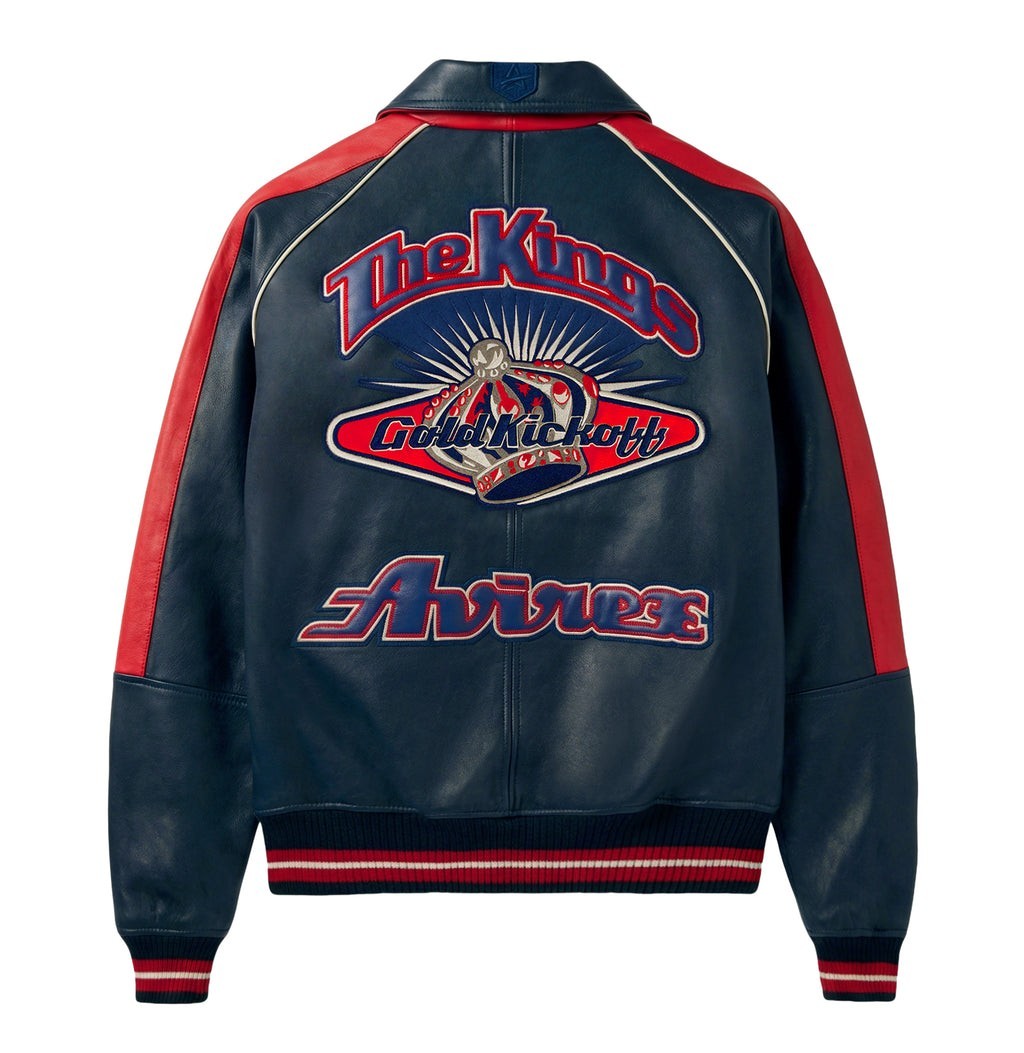 Avirex The Kings Gold Kickoff Leather Varsity Jacket Navy Blue Embroidered