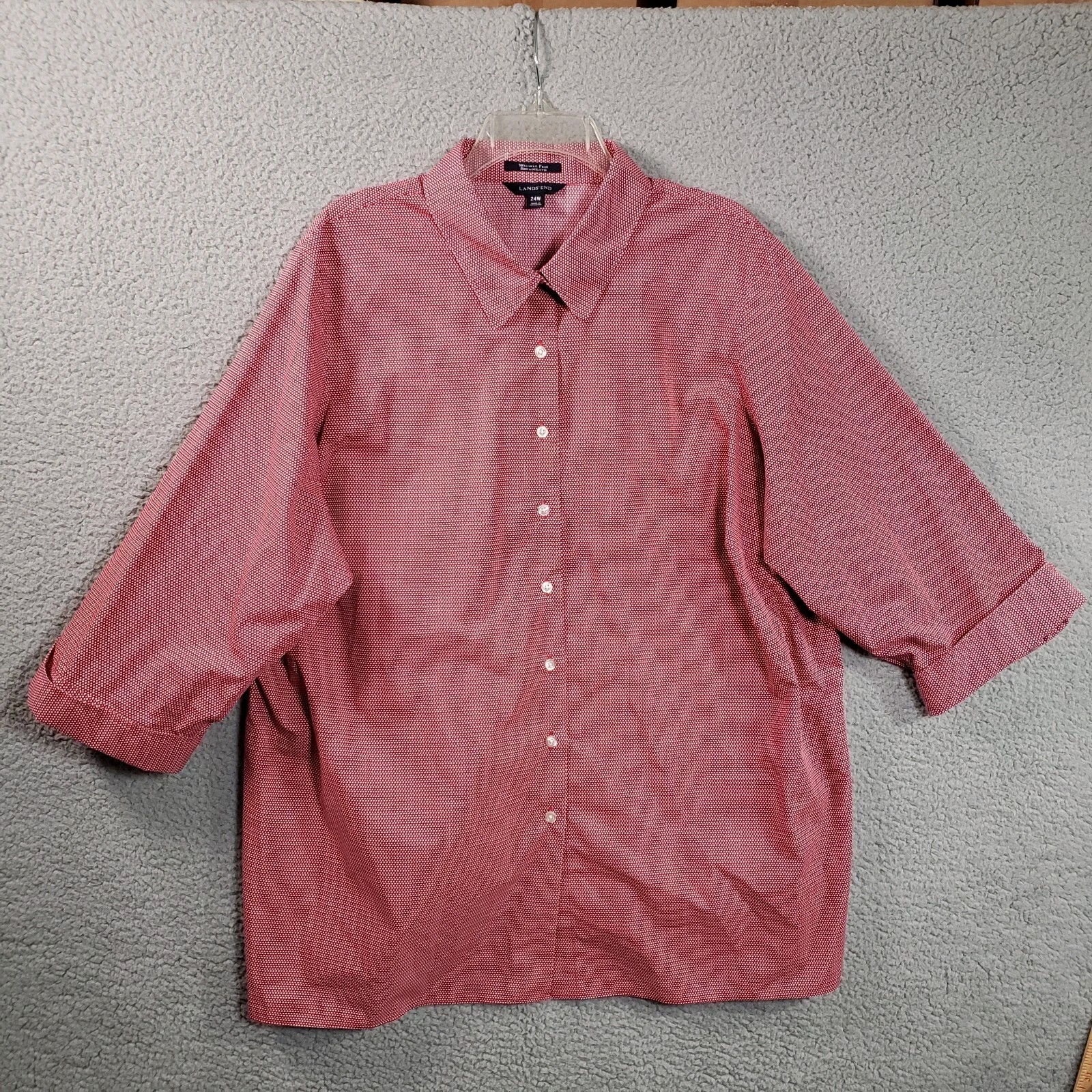 Lands End Shirt Womens 24W Red Polka Dot Wrinkle Free Broadcloth 3/4 Sleeve