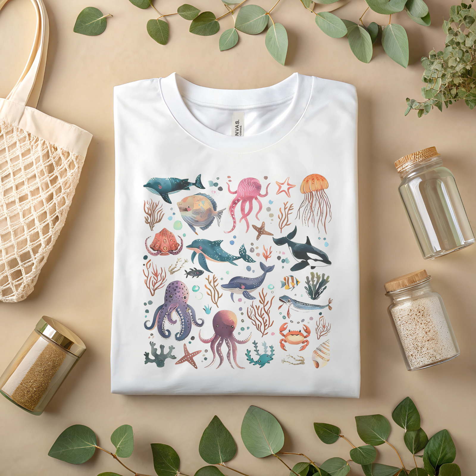 Ocean Animals Graphic T-Shirt Sea Life Illustration Tee Marine Creatures A63