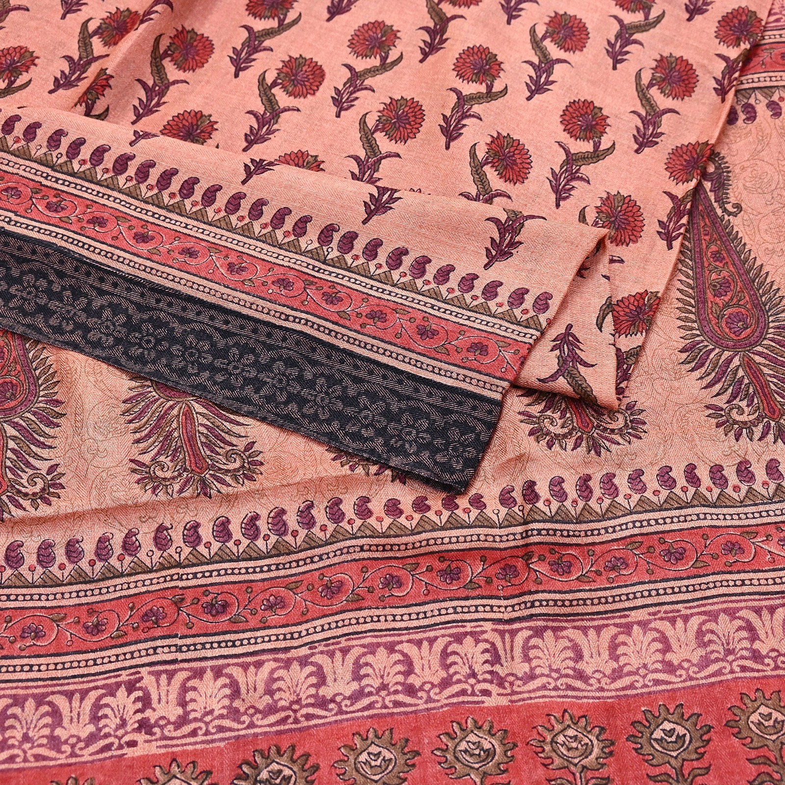 Vintage Peach Wool Saree Indian Pure Woolen Woven Floral Fabric 6Yard Soft Warm