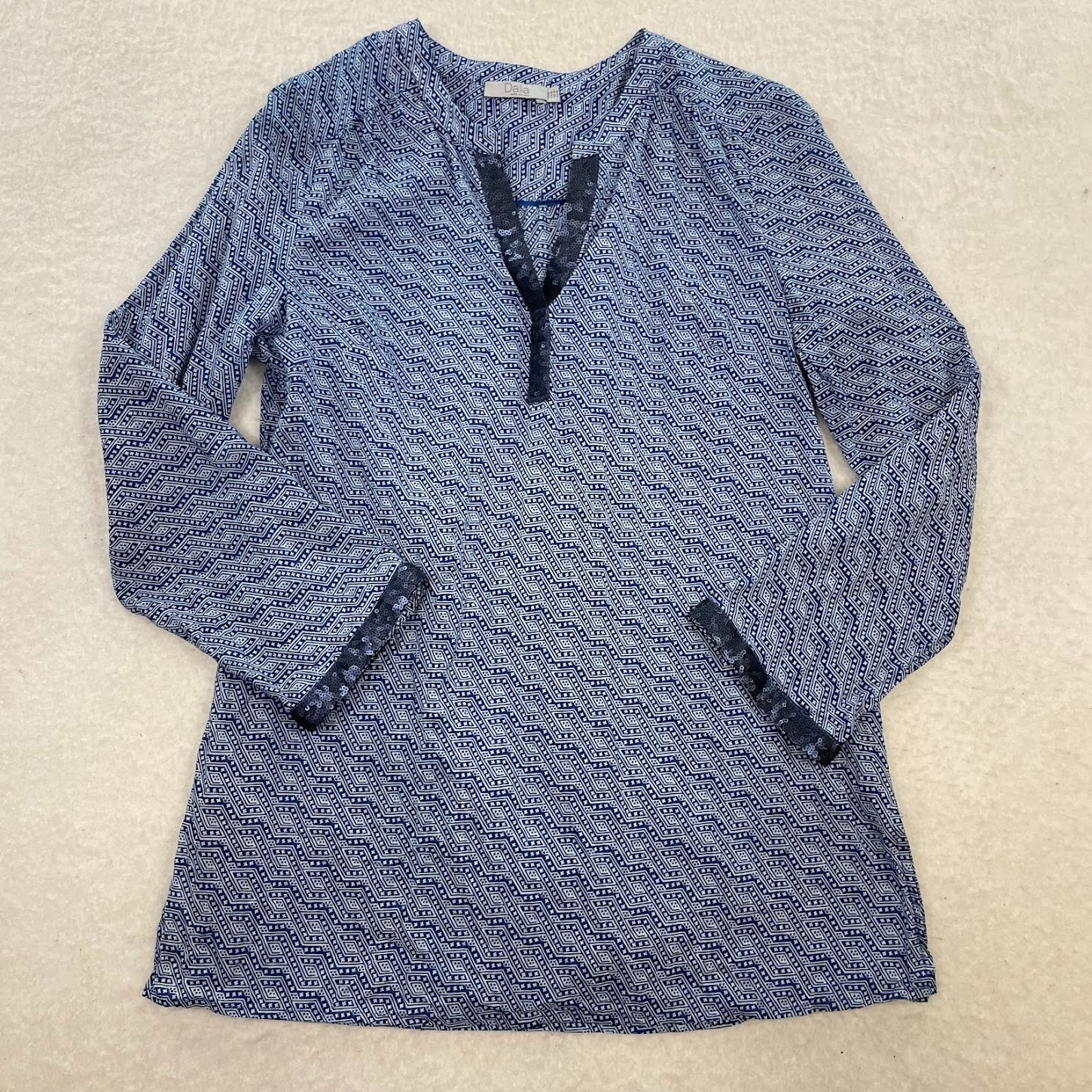 Dalia Blue & White Print Boho Cotton Tunic Top Blouse Size Medium