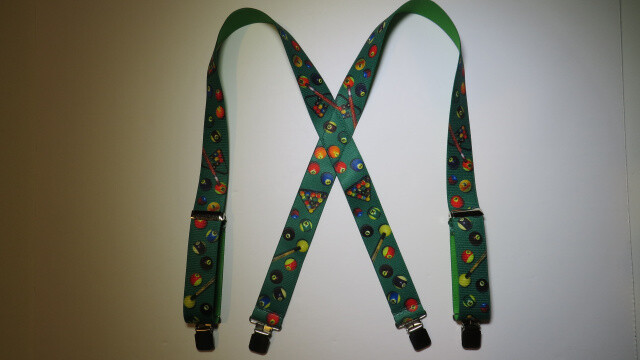 Men’s Suspenders: Big Pool Balls on Green, With Clips, Belt Loop Snaps, USA Made