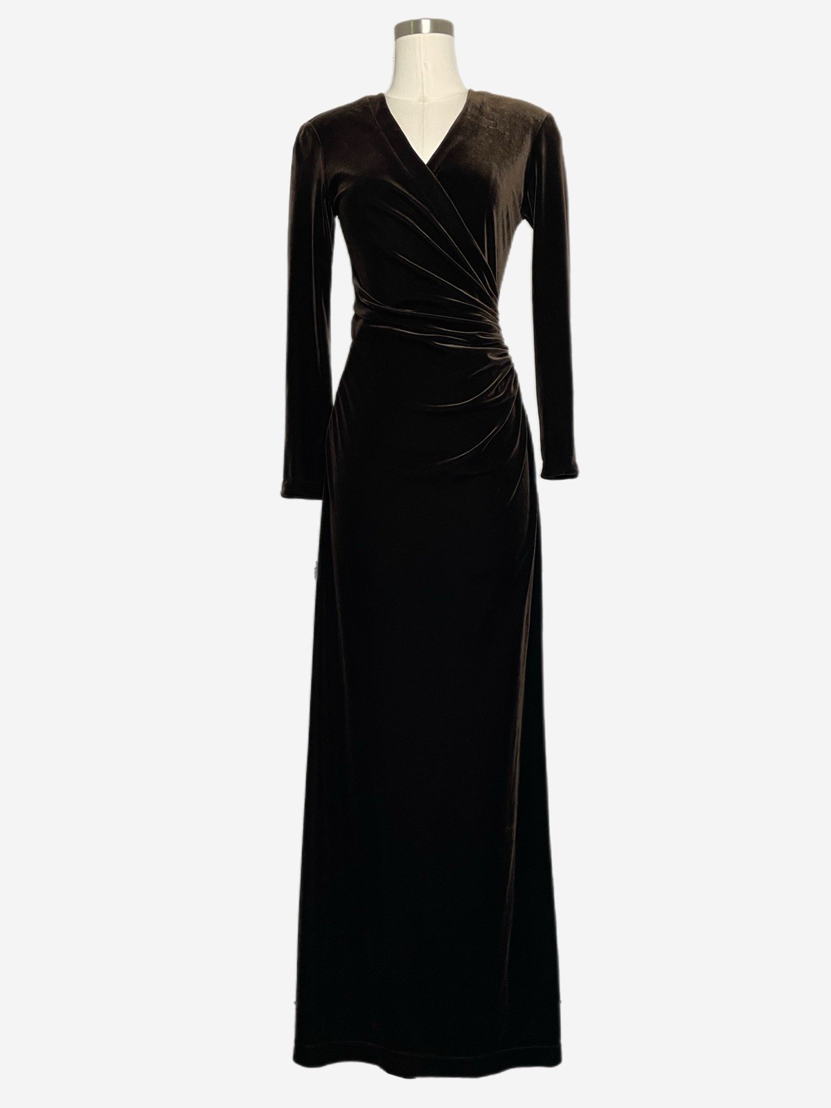 Vintage 90s Cache Brown velvet ruched wrap maxi gown old Hollywood soft goth XS