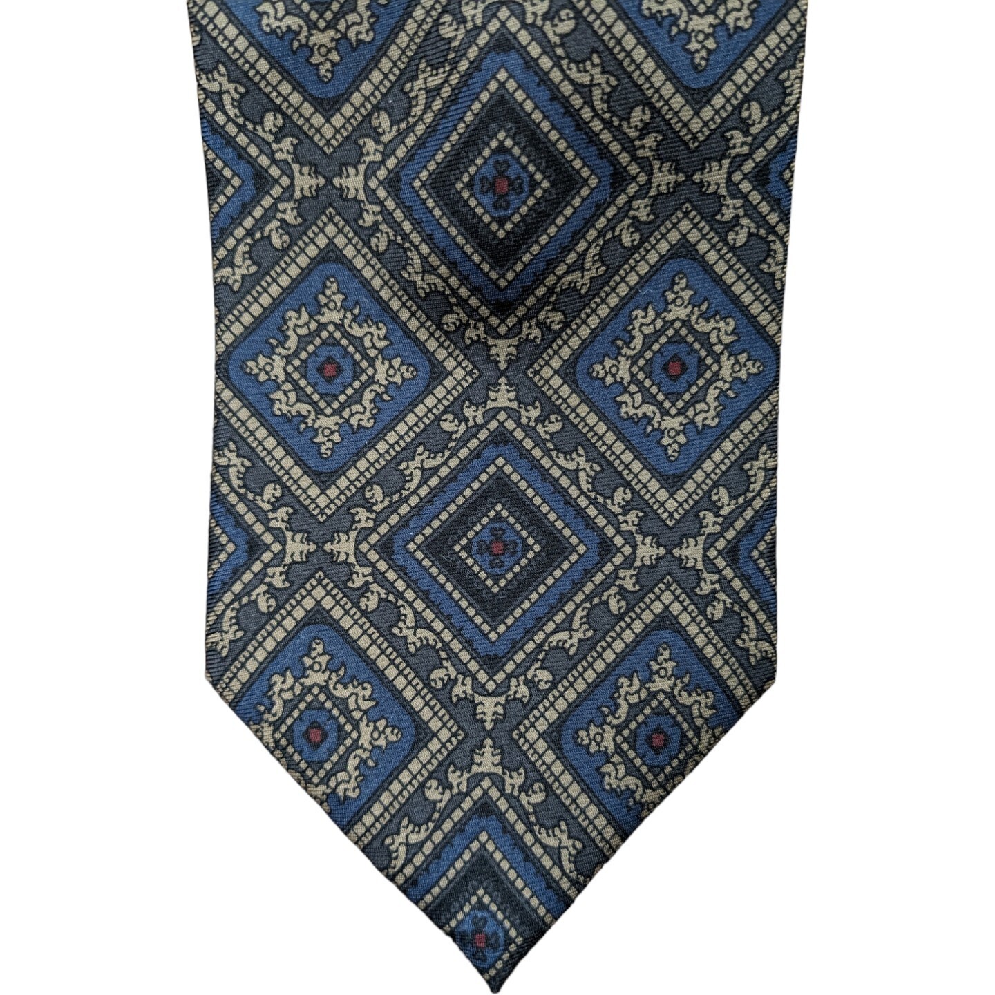 Vtg Jack Henry Silk Tie 3.25×59 Gray Navy Dark Red Bronze Medium Scale Geometric